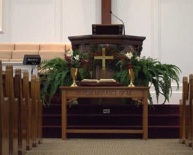 wooden church pulpit and alter communion table