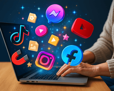 Social media icons with sparkles emerging from laptop screen in colorful tech-themed workspace.