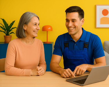 Tech matchmaker in Cedar Rapids helping customer pick the right device in bright, colorful room.