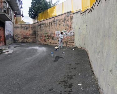 Preparing the wall for an urban mural, Poliops applies a white base coat before decorative painting.