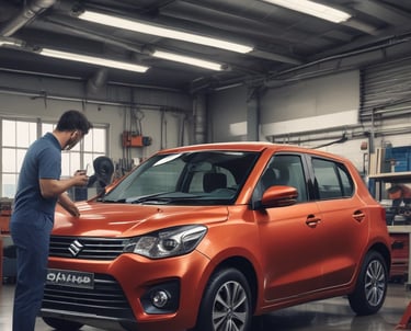 A pristine Maruti Suzuki car receiving a detailed wash and polish under bright lights.