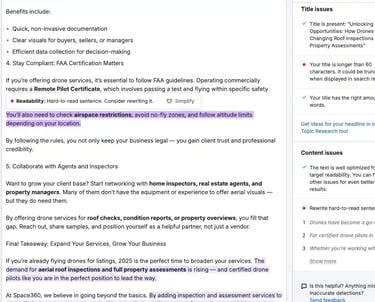 Screenshot of a content editing tool with highlighted text and optimization suggestions