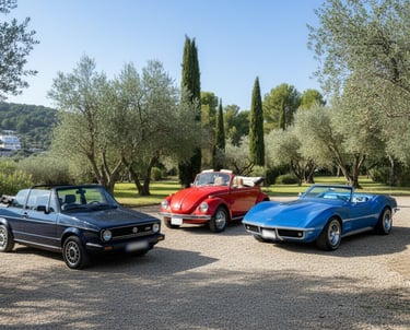 Chevrolet Corvette C3, Volkswagen Beetle y Golf MK1, coches clásicos descapotables perfectos para bodas.