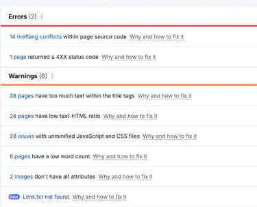 SEO audit report showing site errors and warnings