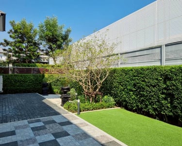 สวนหลังบ้านที่มีพุ่มไม้และสนามหญ้า