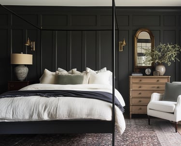 a bedroom with a canopy bed and a chair with moody color walls