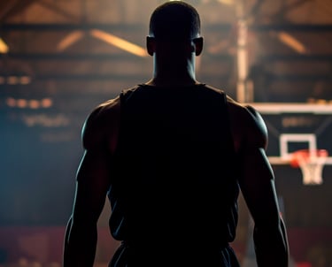 a man standing in a basketball court with a basketball ball