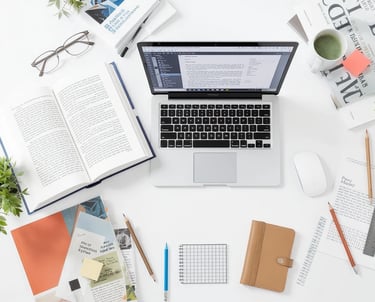An overhead shot of a messy desk with a laptop, books, papers, and a mug.