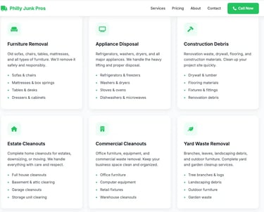 SEO project overview and junk removal services layout