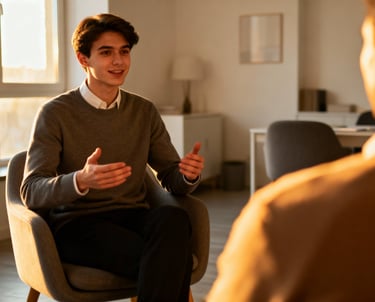 a man sitting in a chair talking to another man