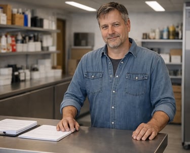 a man in a blue shirt and notebook on a table