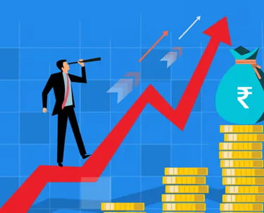 a man standing on a stack of coins and a bag of money