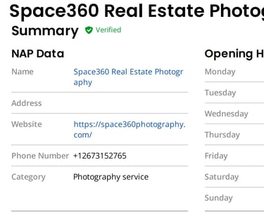 Google Business Profile for Space360 Real Estate Photography showing verified listing details