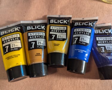 Dick Blick Studio acrylics. Cadmium Yellow, Raw Sienna, Yellow Oxide, Ultramarine blue, Dioxazine purple.