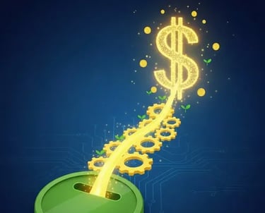 Fondo azul con una moneda verde de la que sale un signo de pesos en color dorado y engranes en color