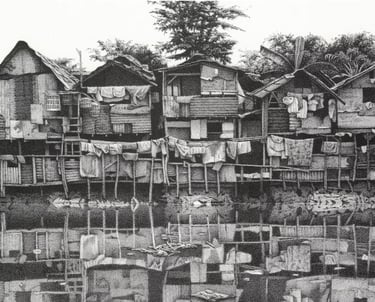 Kampung Jakarta Reflections, ink drawing ©Ken Pattern