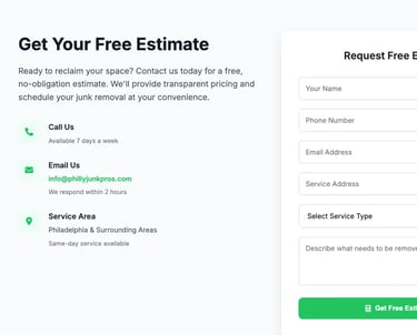 Junk removal contact form and project goals section