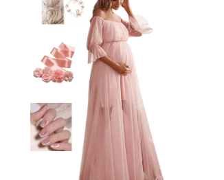 Woodland fairy floral baby shower look with dress, sash, nails, and headband