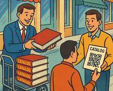 Ilustración en Proveedores, 2 comerciales (catálogo enorme tradicional vs catálogo QR de Dighoreca