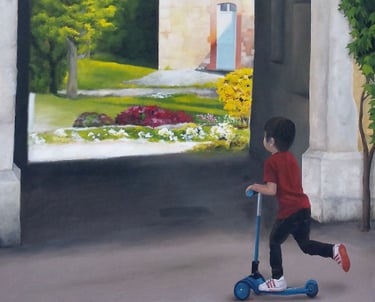 Détail d'une fresque sur façade à Moirans-en-Montagne: un garçon en trottinette devant un porche.