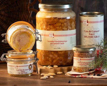 Conserves de recettes de terroir : foie gras, cou de canard, cassoulet...