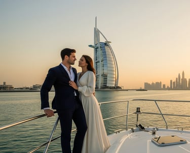 a couple standing on a yacht in dubai marina