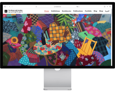 a computer monitor screen displaying a picture of a computer screen with a colorful painting