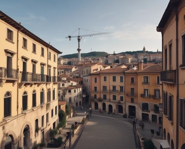 A large advertisement painted on the side of a building promotes painting your property regularly to save money, showing a rustic house silhouette. To the left, a construction site with a demolition crane indicates possible urban development. Shipping containers and a rooftop are visible, suggesting an industrial area.