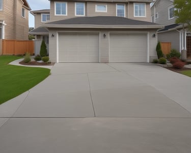 A warm front porch with a freshly poured concrete patio adorned with potted plants.