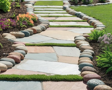 Decorative stone features enhance the garden