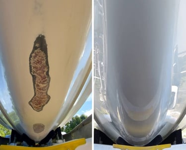 before and after of damaged underhull fully restored and  repaired 