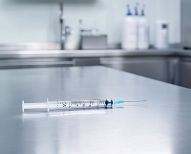 jeringa sobre la mesa de acero inoxidable de un laboratorio