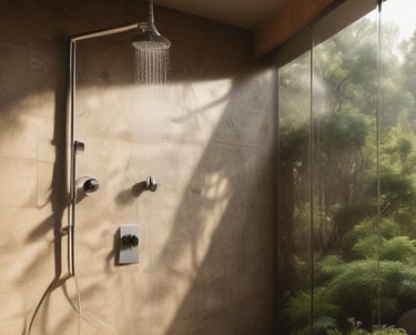 A bathroom scene with a white sink and a chrome faucet. There's a woven basket holding two soap dispensers on the sink. The wall behind the sink is covered with white tiles, and there's a mirror on the wall reflecting part of the room. A shower curtain with a black and white cityscape design is partially visible.