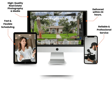 Media services graphic with fast scheduling, HDR photography, 24-hour delivery