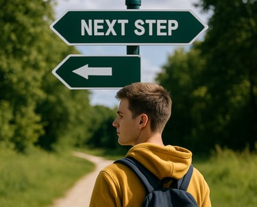 student at crossroad sign