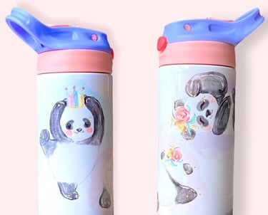 White toddler sippy cup with a pink and blue lid, decorated with a princess panda bear.