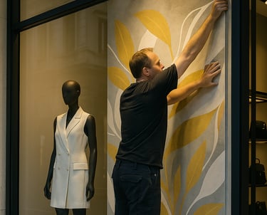 Il team di AMK Solutions che si occupa di allestire una vetrina di negozio