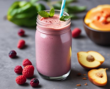 A jar of homemade protein smoothie with a straw on a kitchen counter