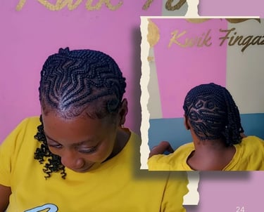 client rocking natural hair styled with sleek side cornrows at Kwik Fingaz Beauty Salon in Montego Bay.
