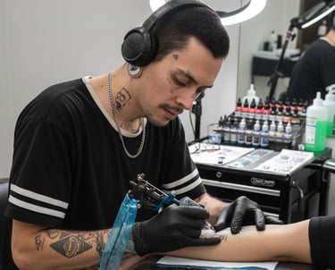 Baztiel Tattoo, tatuador chileno especializado en tatuajes neotradicionales y anime durante sesión