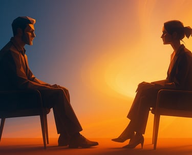 Un homme et une femme assis face à face ambiance couché de soleil