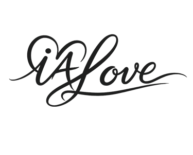 Elegant white cursive iALove typography with a heart symbol on a solid black background.
