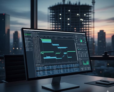 Construction project controls dashboard on computer with Gantt chart.