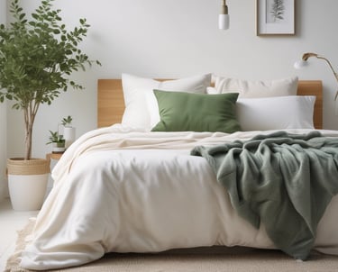 Non-toxic bedding made from organic cotton or linen on a neatly made bed in a bright, airy bedroom
