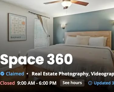 Yelp business listing for Space360 with real estate photography and videography services