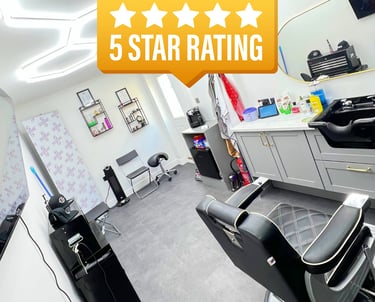 Interior of YAU Barber Studio featuring modern barber chairs, clean setup, and a 5 star rating badge.