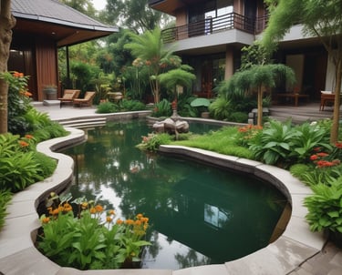 A gardener carefully planting colorful flowers in a lush backyard garden.