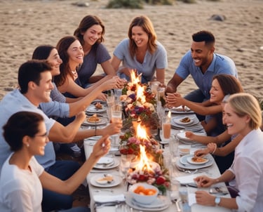 Group of friends enjoying a meal on the beach