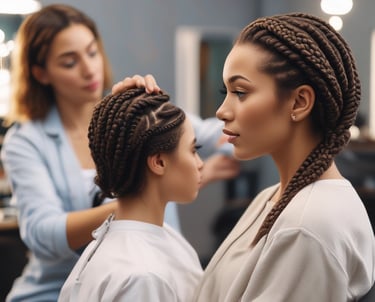 A person is seated in a hair salon with a cape around their shoulders. Another individual is styling their hair using a comb. The salon has bright decorations on the wall, including flowers, and there are various hair styling tools and products on a counter.
