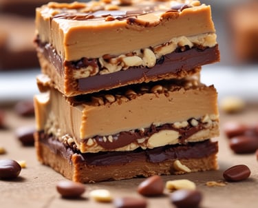 Close-up of a protein bar with nuts and chocolate chunks on a wooden table